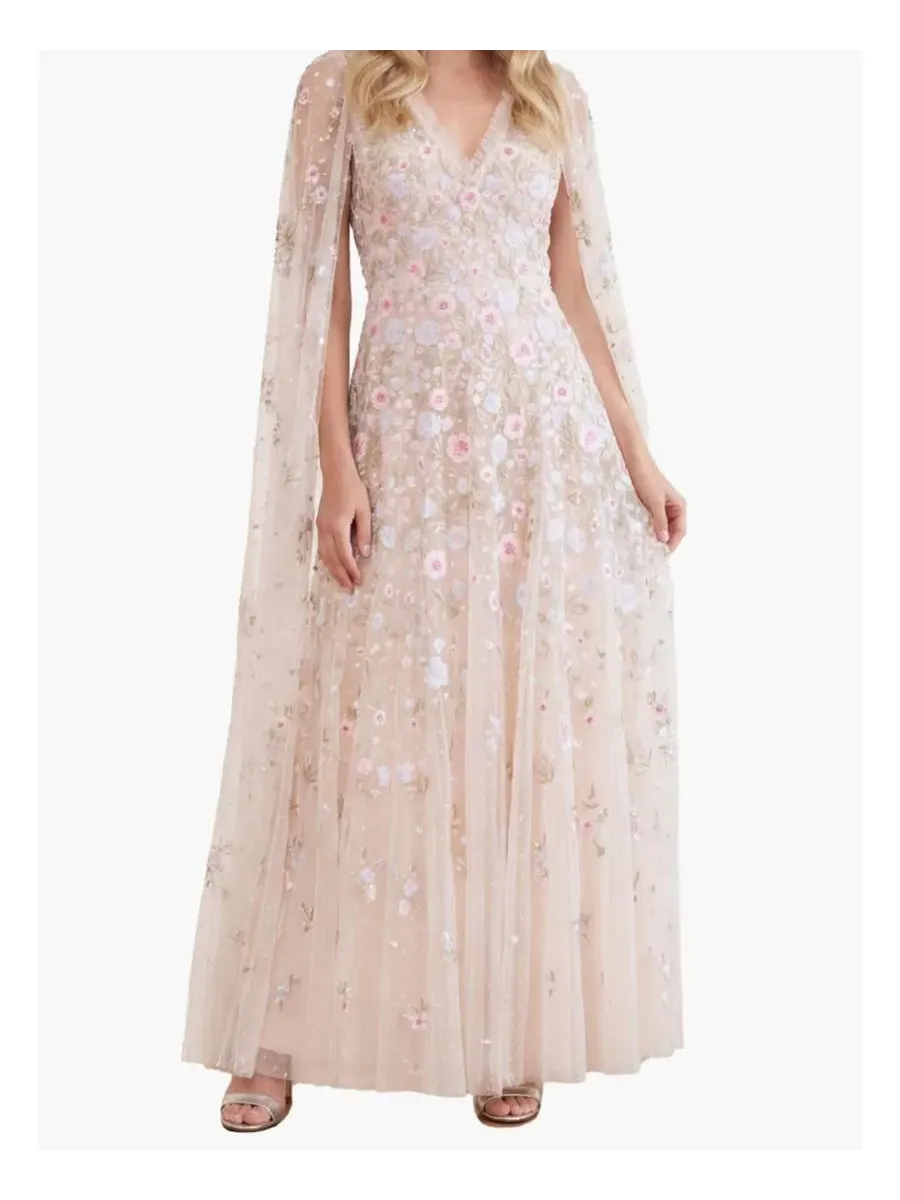 Платье-макси с длинным рукавом Ethereal Blooms Cape Sleeve Ankle Gown Needle & Thread — изображение 8 из 8, кремовый/мульти