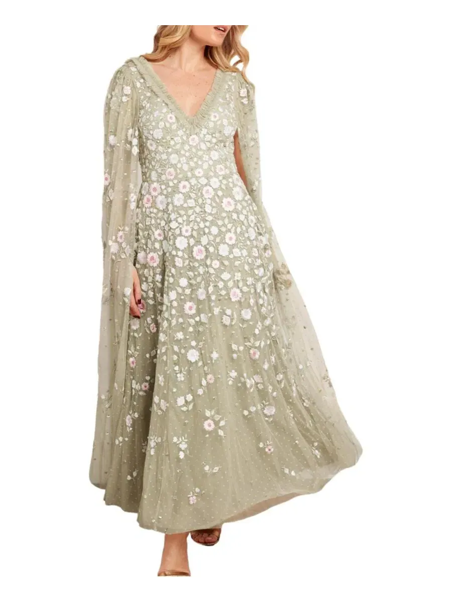 Платье-макси с вышивкой Ethereal Blooms Cape Sleeve Ankle Gown Needle & Thread
