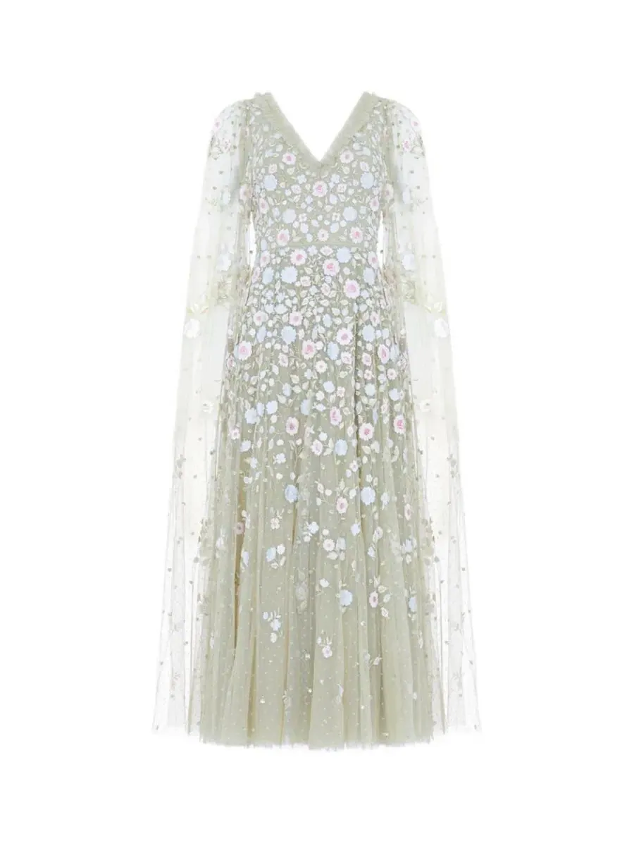 Платье-макси с вышивкой Ethereal Blooms Cape Sleeve Ankle Gown Needle & Thread — изображение 3 из 6, мульти