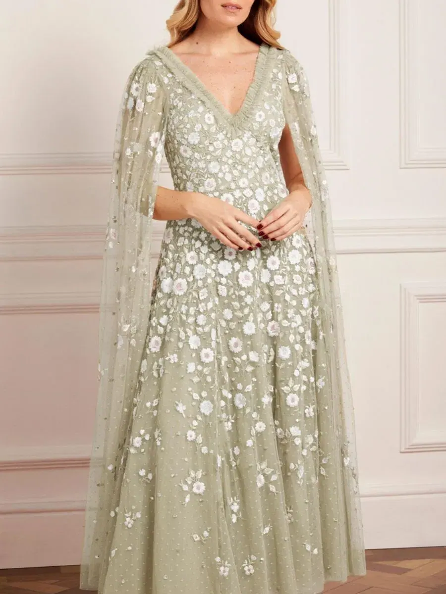 Платье-макси с вышивкой Ethereal Blooms Cape Sleeve Ankle Gown Needle & Thread — изображение 4 из 6, мульти