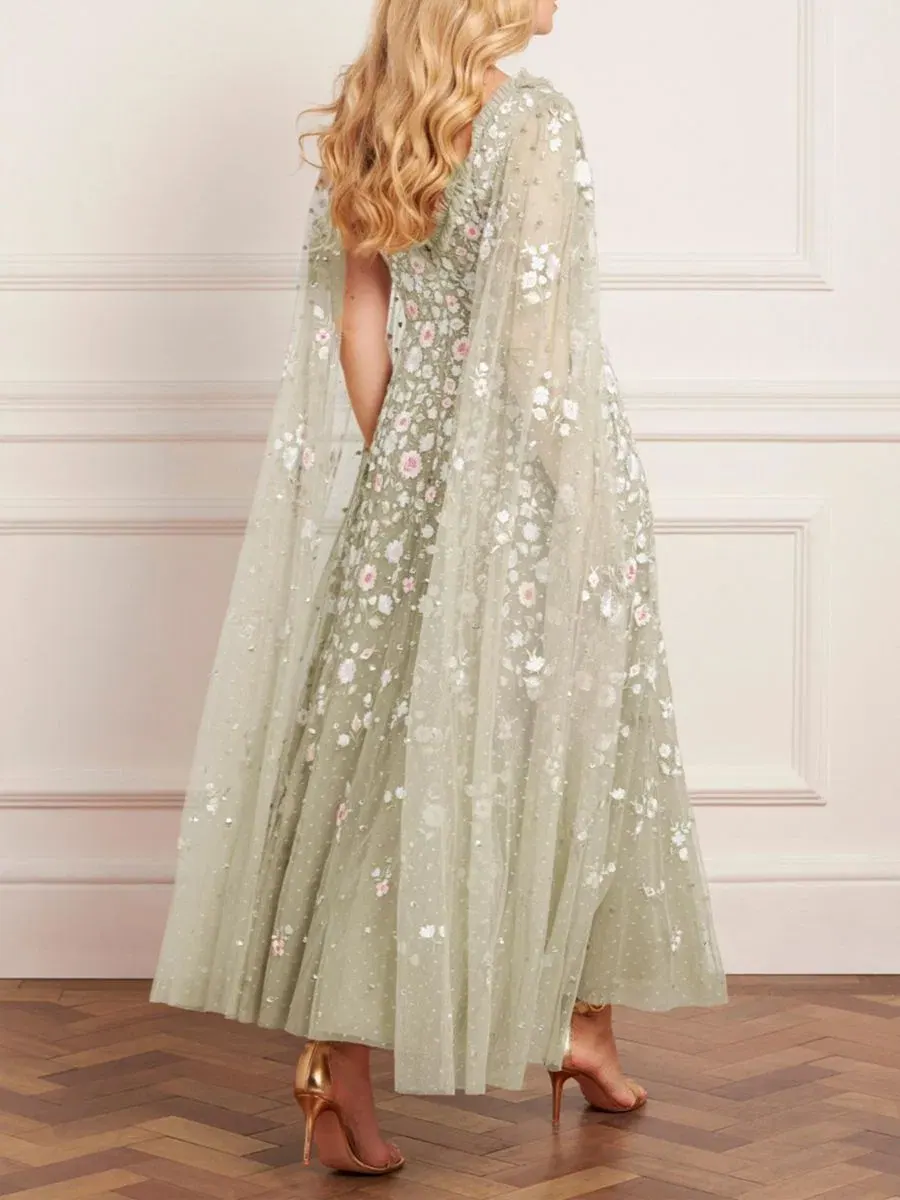 Платье-макси с вышивкой Ethereal Blooms Cape Sleeve Ankle Gown Needle & Thread — изображение 6 из 6, мульти