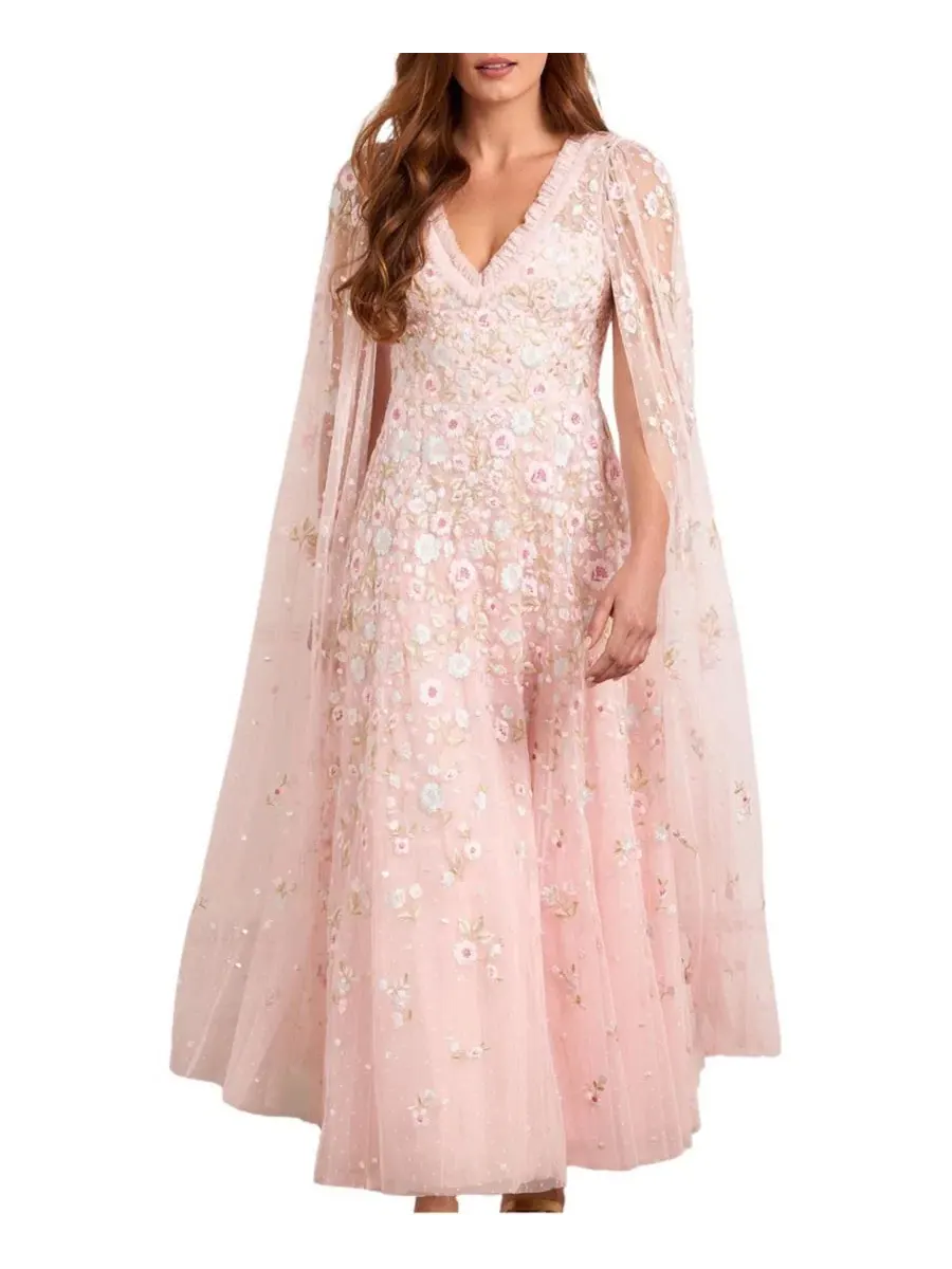 Платье-макси с длинным рукавом Ethereal Blooms Cape Sleeve Ankle Gown Needle & Thread — изображение 1 из 6, мульти
