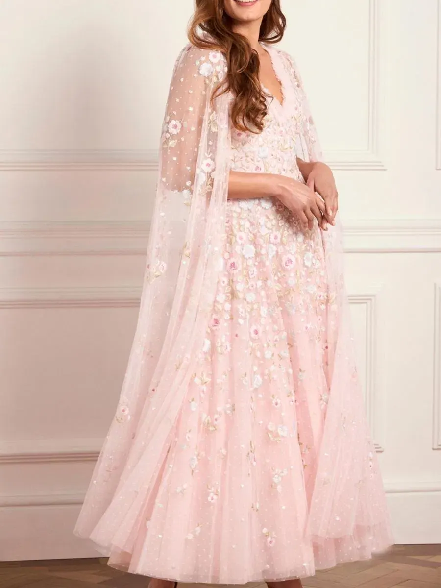 Платье-макси с длинным рукавом Ethereal Blooms Cape Sleeve Ankle Gown Needle & Thread — изображение 4 из 6, мульти