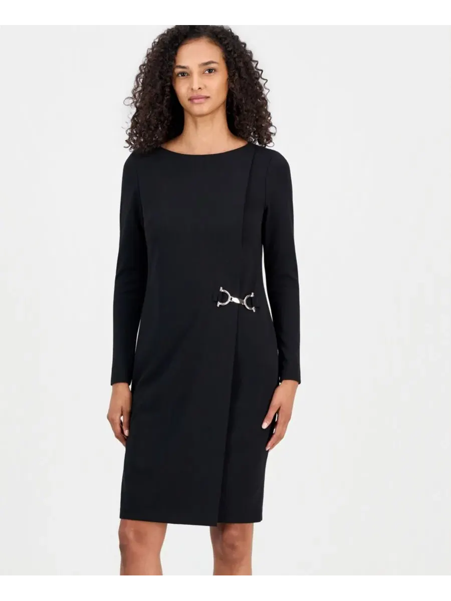 Платье-футляр из scuba-крепа с длинным рукавом Anne Klein — изображение 2 из 3, черный