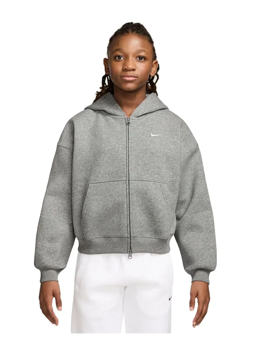 Худи Nike Sportswear Studio Girls' 7-16 Oversized Fleece Full-Zip — изображение 1 из 3, темный серый/серый/белый