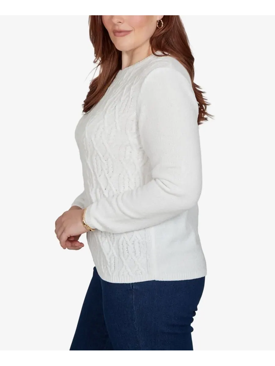 Свитер с кабельным узором и воротником-стойкой Petite Cable-Knit Crewneck Pullover Alfred Dunner — изображение 3 из 6, белый