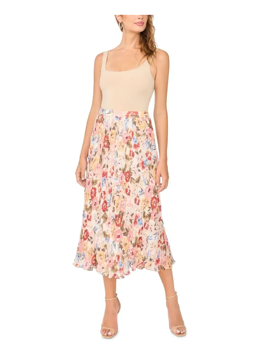 Юбка-миди А-силуэта с цветочным принтом Circular Floral Pleated Vince Camuto — изображение 2 из 5, песочный