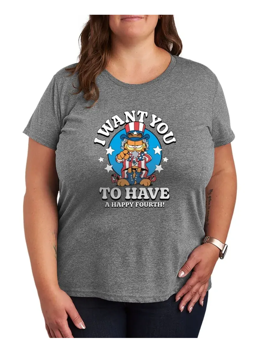 Футболка с принтом Garfield Happy Fourth Plus Size Hybrid Apparel — изображение 1 из 3, серый