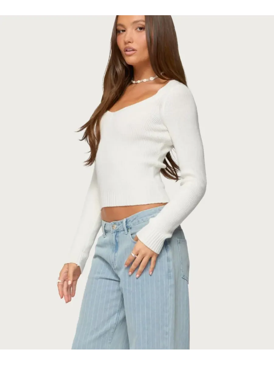 Женская трикотажная блузка Maliah с V-образным вырезом в рубчик Edikted — изображение 5 из 5, белый