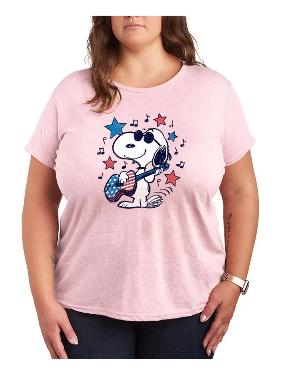 Футболка с коротким рукавом и графическим принтом "Peanuts Snoopy Americana Guitar" для полных — изображение 1 из 3, розовый