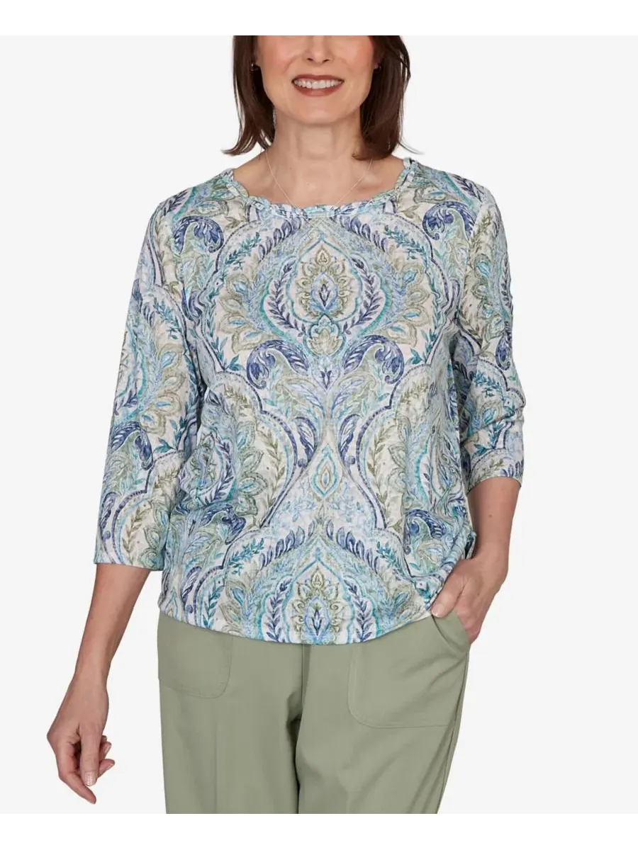 Топ с принтом Medallion Braided Neck Petite Indigo Girls Alfred Dunner — изображение 1 из 5, синий мульти