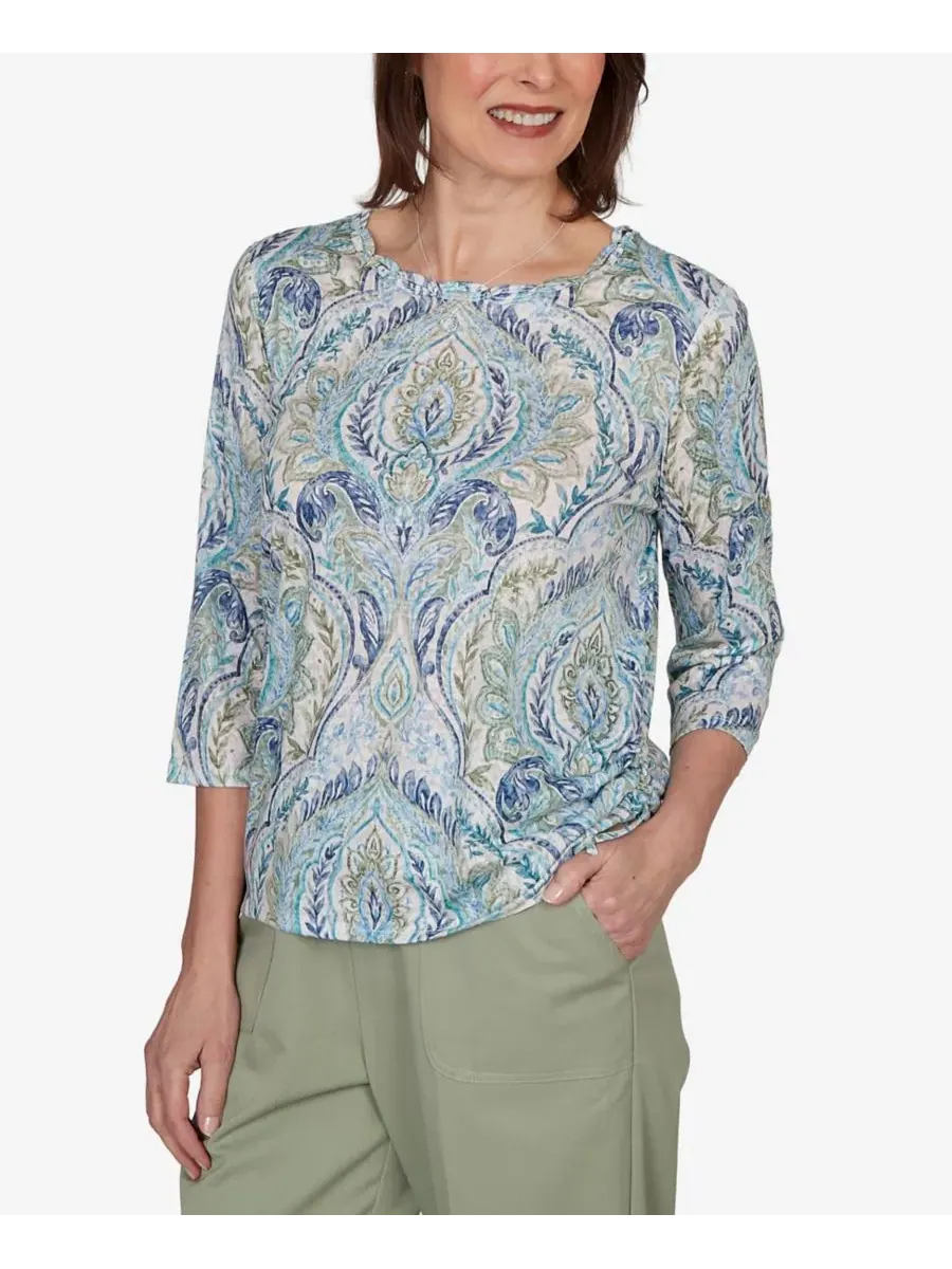 Топ с принтом Medallion Braided Neck Petite Indigo Girls Alfred Dunner — изображение 2 из 5, синий мульти