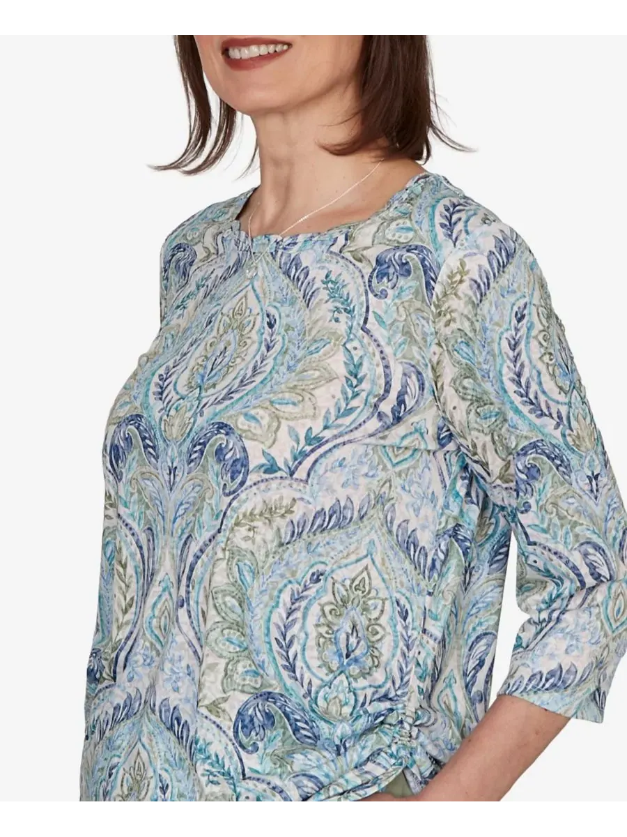 Топ с принтом Medallion Braided Neck Petite Indigo Girls Alfred Dunner — изображение 4 из 5, синий мульти