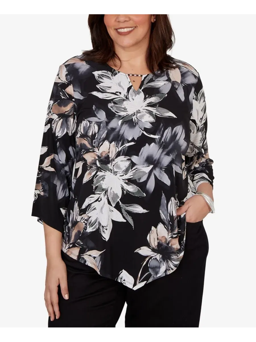 Блуза с принтом Watercolor Floral Puff Printed Alfred Dunner — изображение 1 из 5, черный