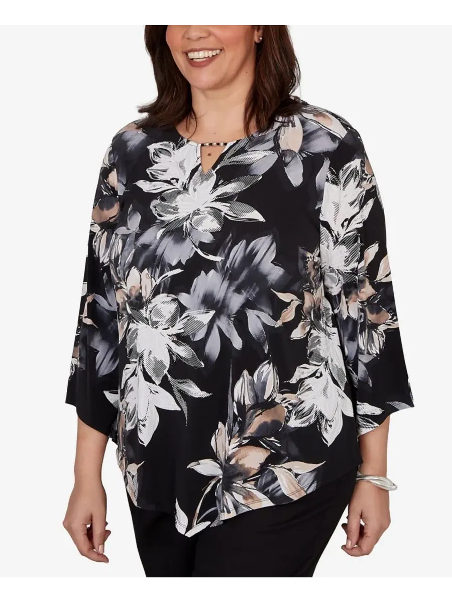 Блуза с принтом Watercolor Floral Puff Printed Alfred Dunner — изображение 2 из 5, черный
