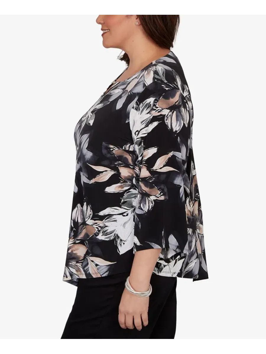 Блуза с принтом Watercolor Floral Puff Printed Alfred Dunner — изображение 3 из 5, черный