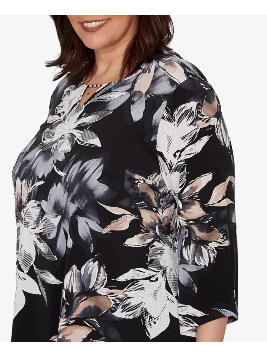 Блуза с принтом Watercolor Floral Puff Printed Alfred Dunner — изображение 4 из 5, черный