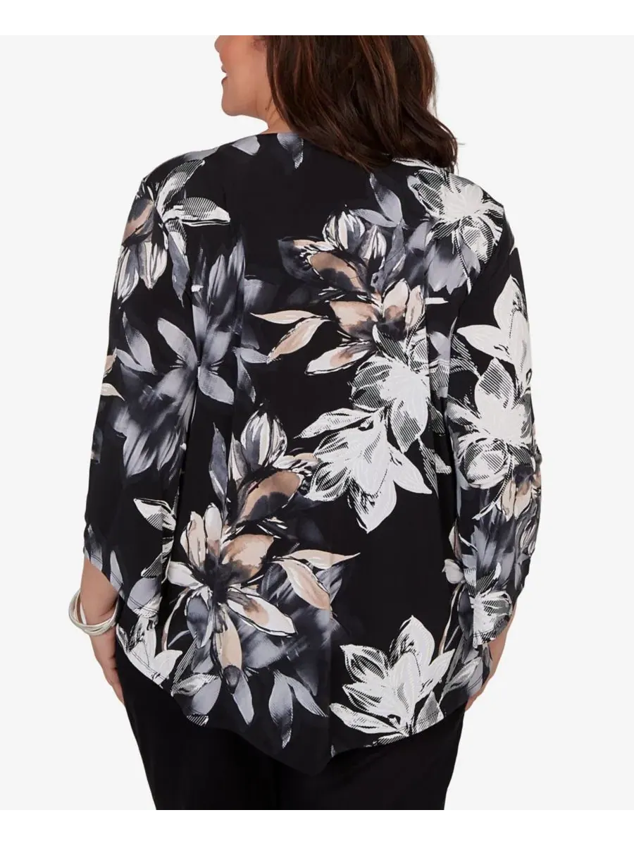 Блуза с принтом Watercolor Floral Puff Printed Alfred Dunner — изображение 5 из 5, черный
