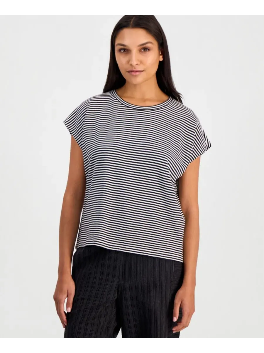 Футболка с кап-рукавом и полосатым принтом Eileen Fisher — изображение 1 из 4, черный/белый