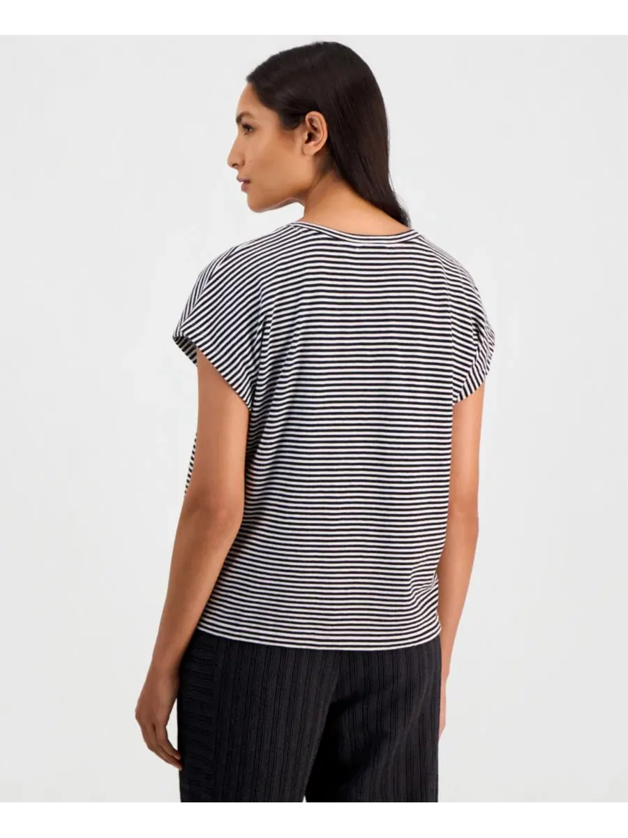 Футболка с кап-рукавом и полосатым принтом Eileen Fisher — изображение 4 из 4, черный/белый