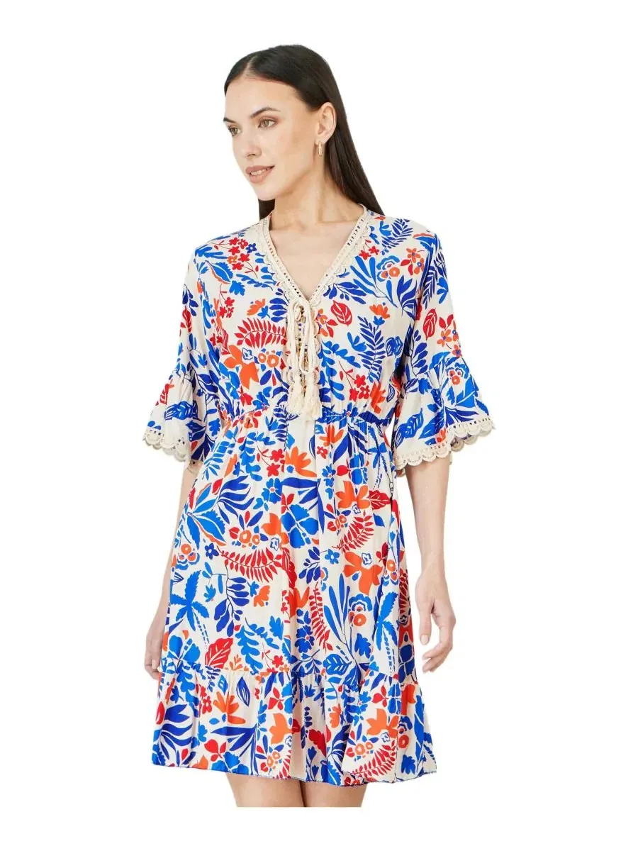 Платье-туника с принтом, модель Leaf Print Kimono Sleeve Tunic Dress Yumi — изображение 1 из 8, мульти