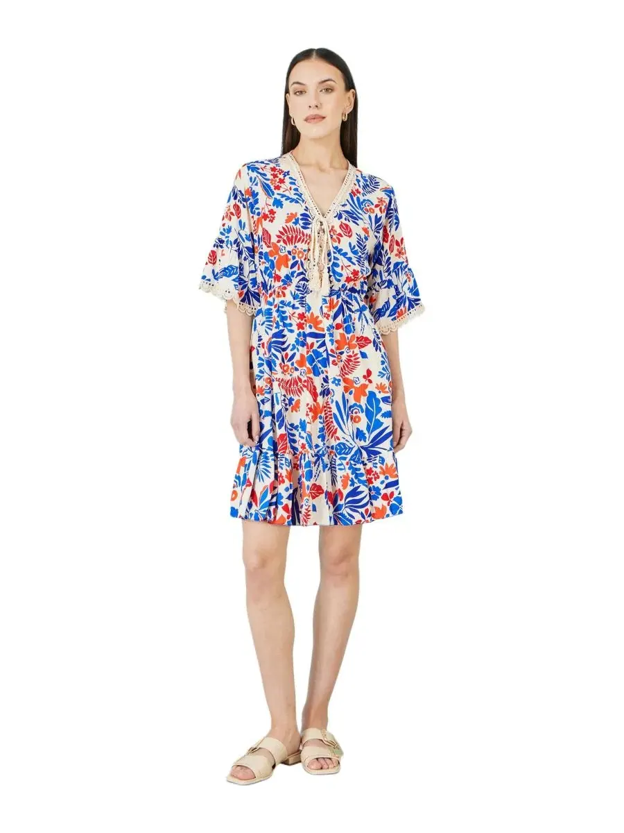 Платье-туника с принтом, модель Leaf Print Kimono Sleeve Tunic Dress Yumi — изображение 2 из 8, мульти