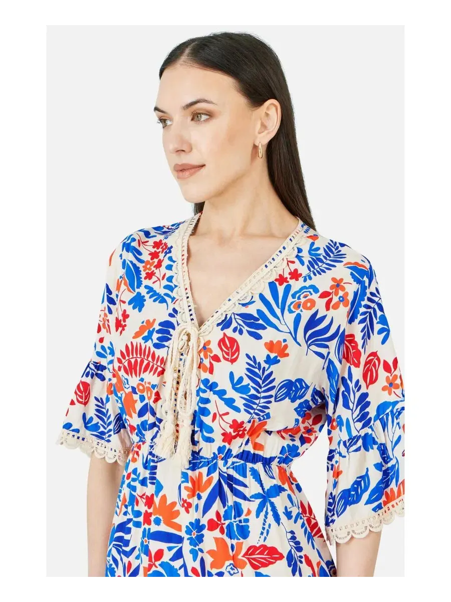 Платье-туника с принтом, модель Leaf Print Kimono Sleeve Tunic Dress Yumi — изображение 4 из 8, мульти