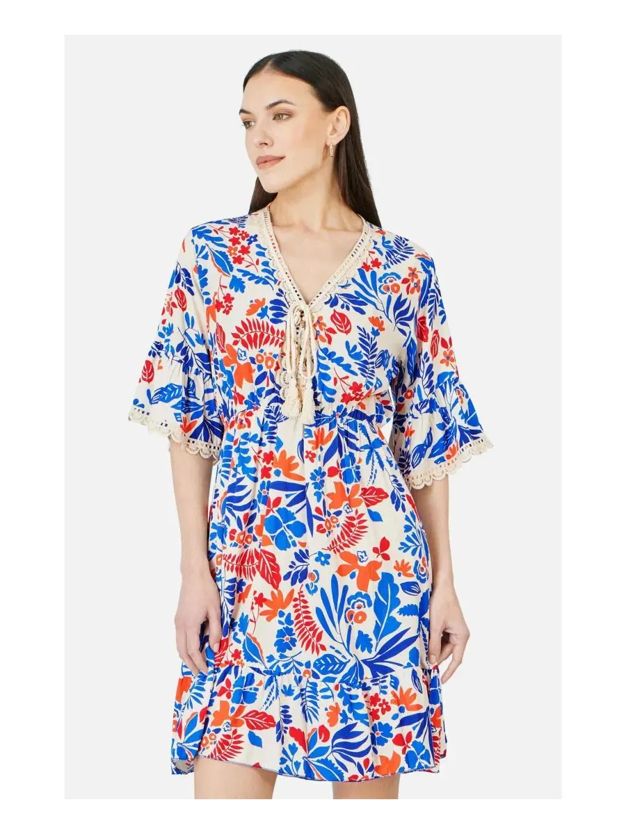 Платье-туника с принтом, модель Leaf Print Kimono Sleeve Tunic Dress Yumi — изображение 5 из 8, мульти