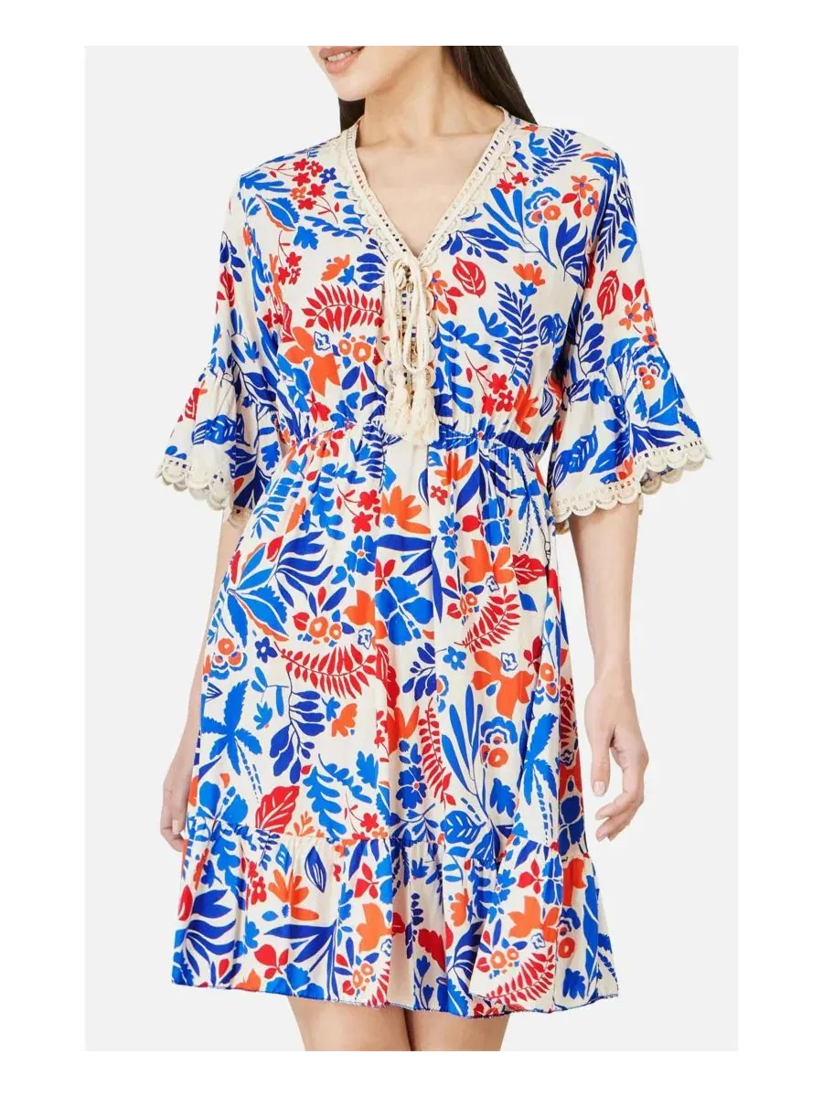 Платье-туника с принтом, модель Leaf Print Kimono Sleeve Tunic Dress Yumi — изображение 6 из 8, мульти