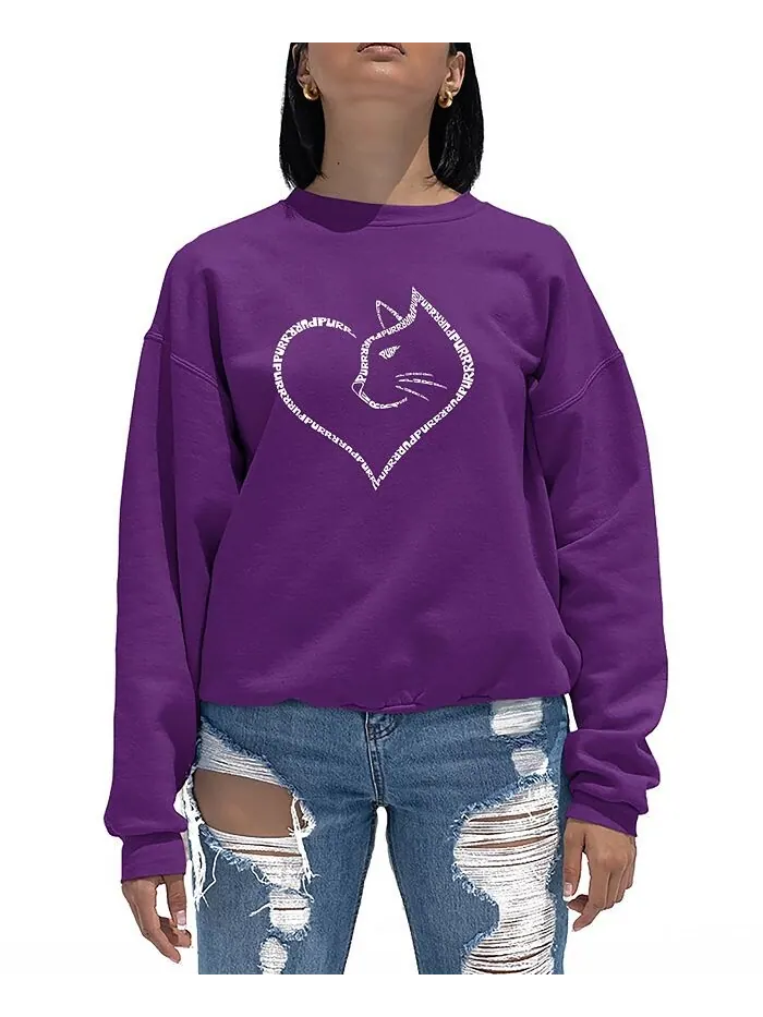 Женский свитшот с круглым вырезом Cat Heart Word Art LA Pop Art — изображение 1 из 2, фиолетовый