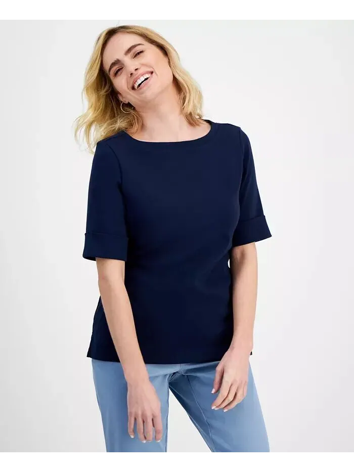 Миниатюрный хлопковый топ с вырезом лодочкой и рукавами до локтя Style & Co — изображение 1 из 1, синий