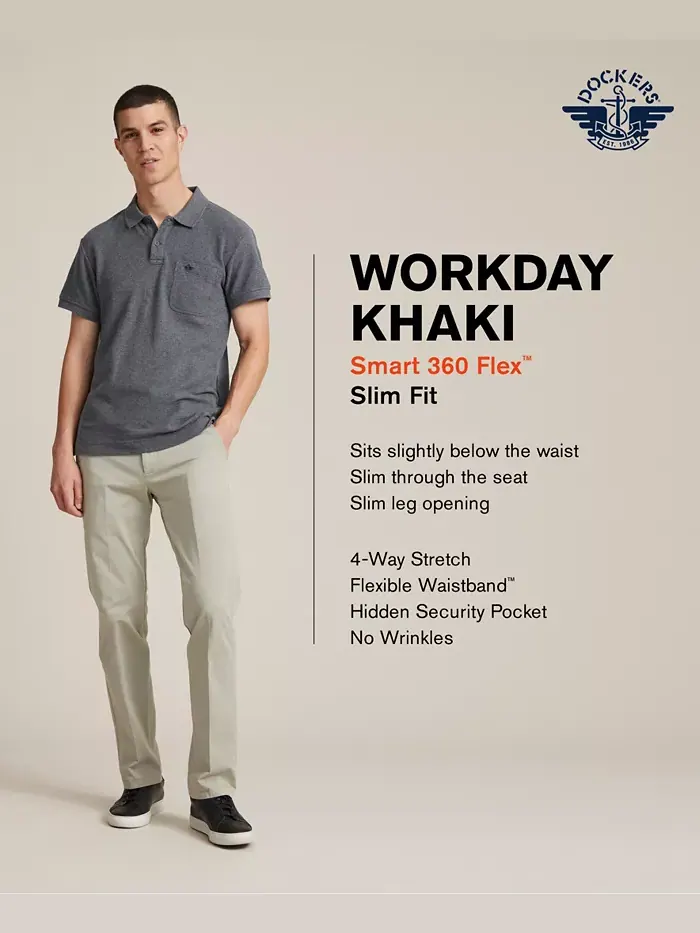 Мужские рабочие брюки Workday Smart 360 Flex Slim Fit с эластичной тканью, цвет хаки Dockers — изображение 4 из 6