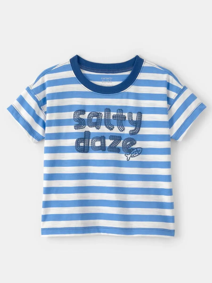 Детская футболка с коротким рукавом Salty Daze в полоску с графическим принтом, размер 2T-5T — изображение 1 из 4, синий