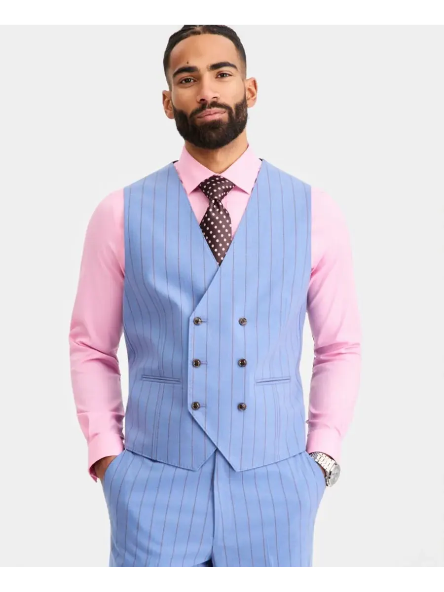 Tayion Collection Мужской классический костюм в синюю полоску, состоящий из жилета и других — изображение 1 из 4, синий