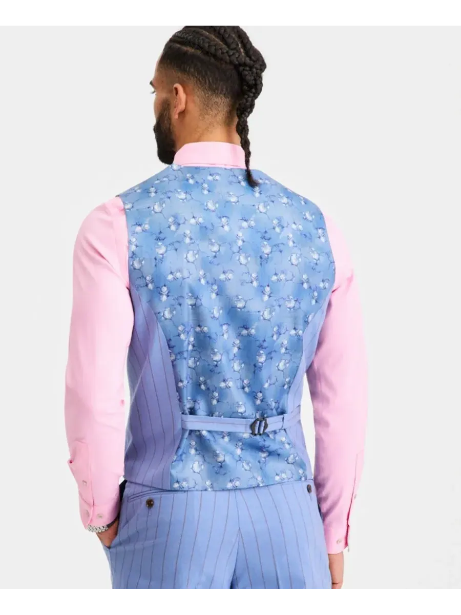 Tayion Collection Мужской классический костюм в синюю полоску, состоящий из жилета и других — изображение 2 из 4, синий