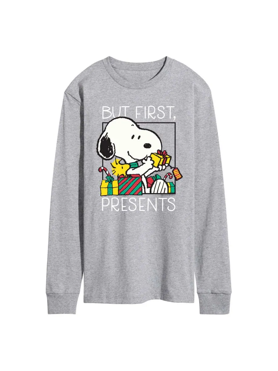 Мужская футболка с длинными рукавами с графическим принтом "Peanuts Christmas Snoopy But First — изображение 1 из 3