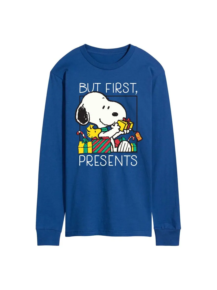 Мужская футболка с длинными рукавами с графическим принтом "Peanuts Christmas Snoopy But First — изображение 1 из 3, синий