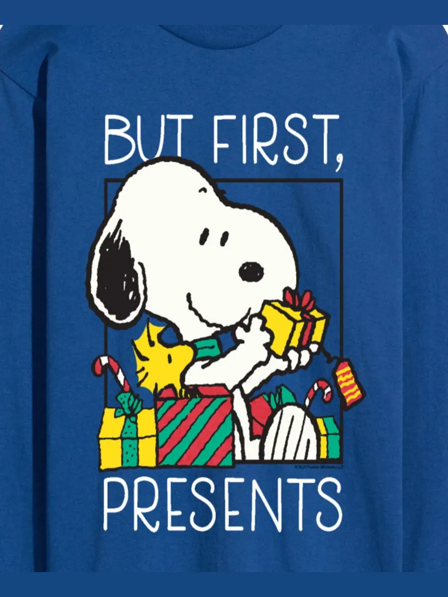 Мужская футболка с длинными рукавами с графическим принтом "Peanuts Christmas Snoopy But First — изображение 3 из 3, синий