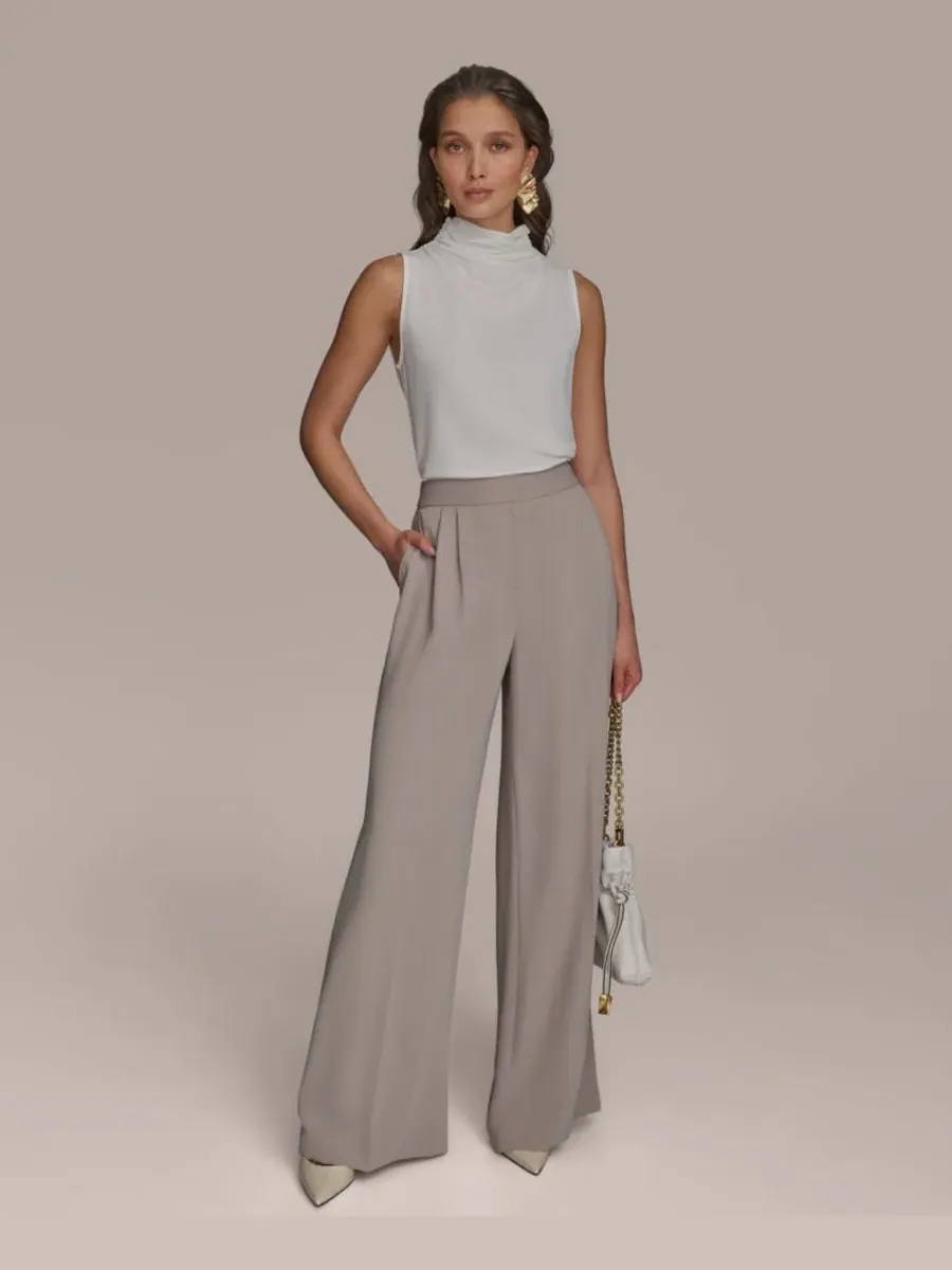 Брюки с широкими штанинами Petite Pinstripe Wide-Leg Donna Karan New York — изображение 6 из 6, кремовый