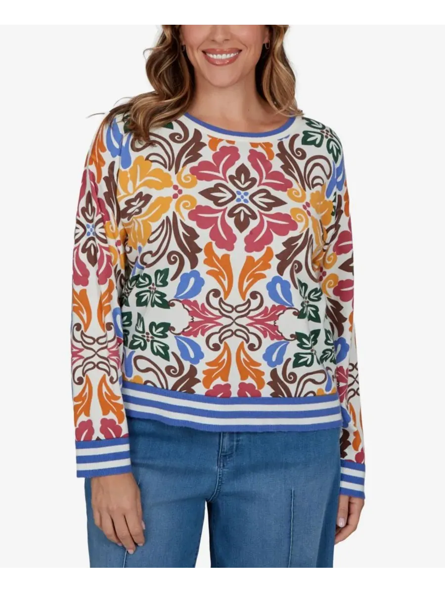 Женский свитер с цветочным принтом и отделкой по краям, модель Tipped Floral Lightweight Sweater