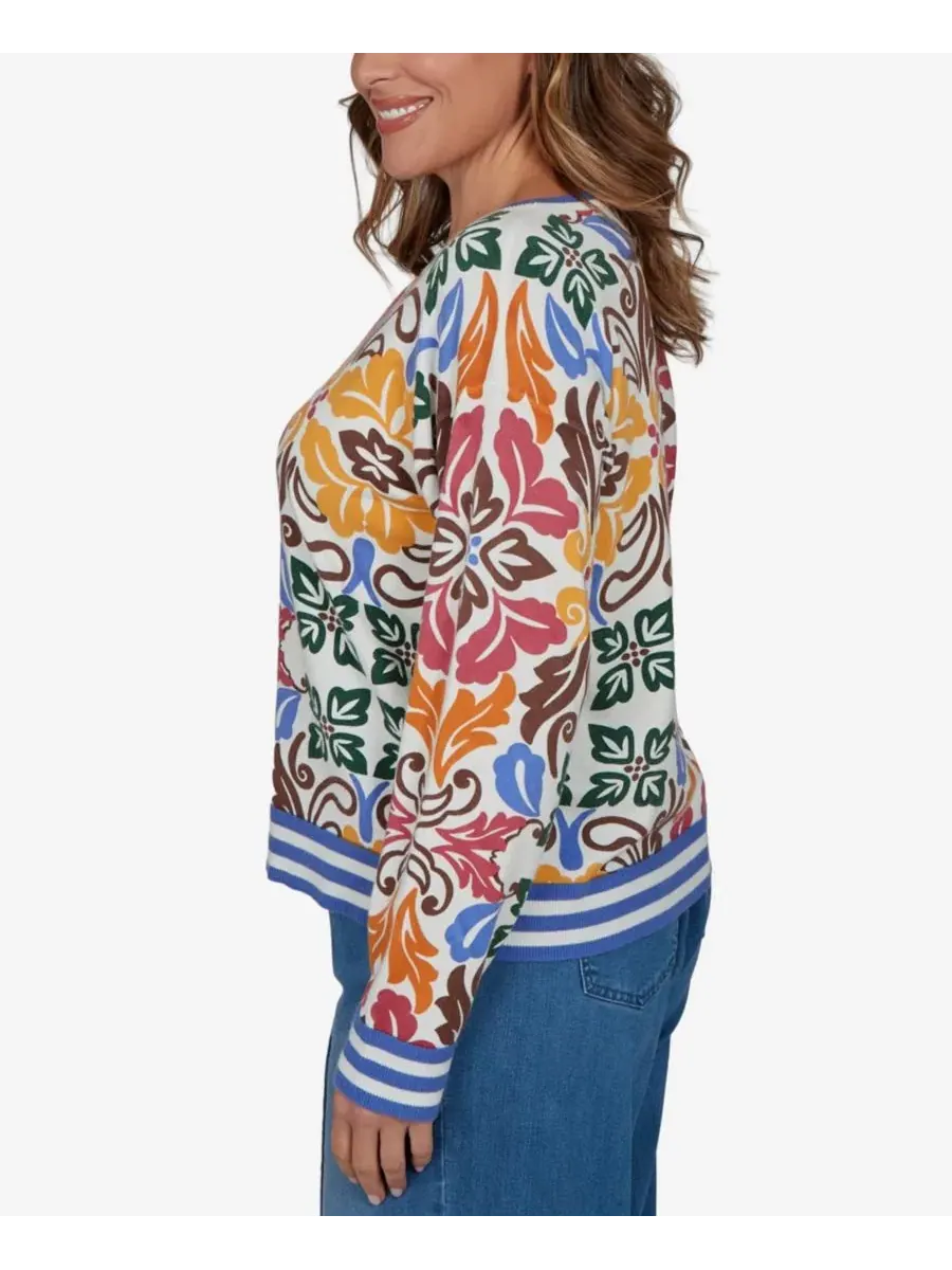 Женский свитер с цветочным принтом и отделкой по краям, модель Tipped Floral Lightweight Sweater — изображение 3 из 5