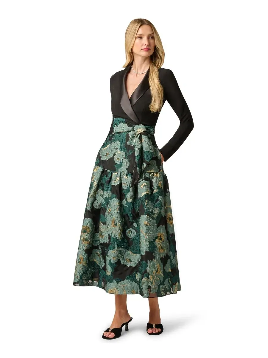 Платье из жаккарда с V-образным вырезом, с металлическим эффектом, Combo Floral Jacquard Dress — изображение 1 из 7, черный