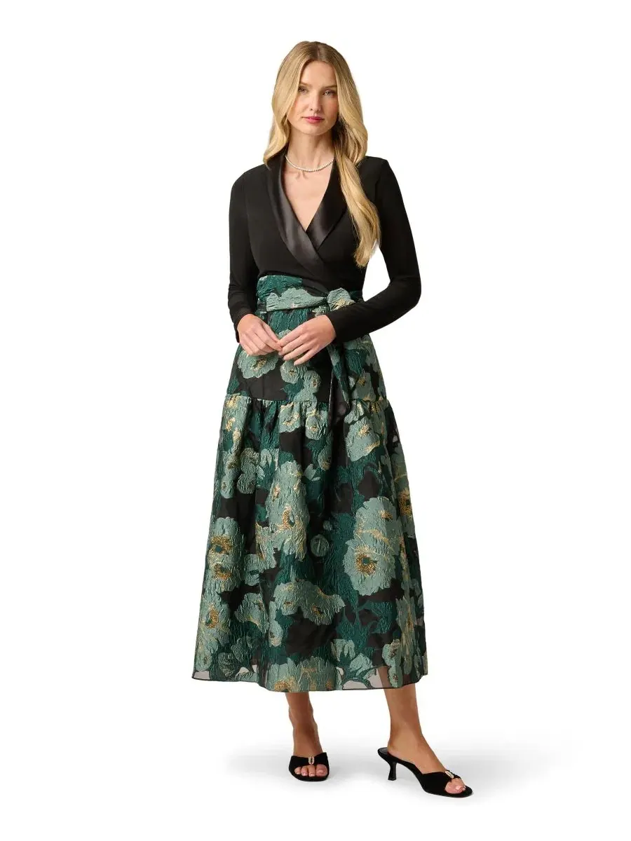 Платье из жаккарда с V-образным вырезом, с металлическим эффектом, Combo Floral Jacquard Dress — изображение 2 из 7, черный