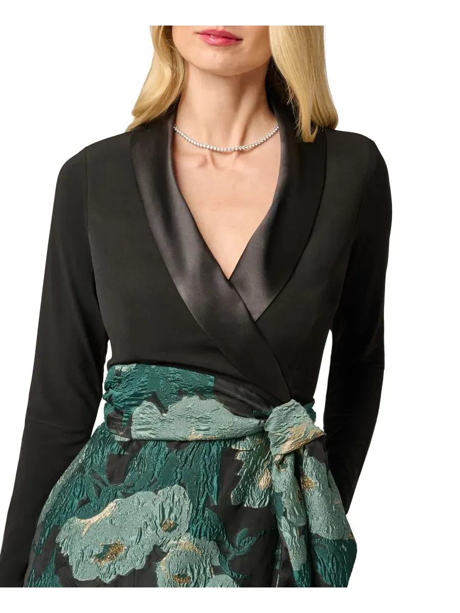 Платье из жаккарда с V-образным вырезом, с металлическим эффектом, Combo Floral Jacquard Dress — изображение 3 из 7, черный