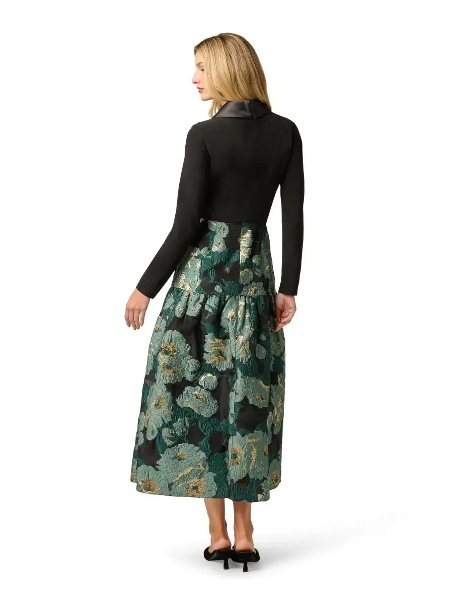 Платье из жаккарда с V-образным вырезом, с металлическим эффектом, Combo Floral Jacquard Dress — изображение 5 из 7, черный