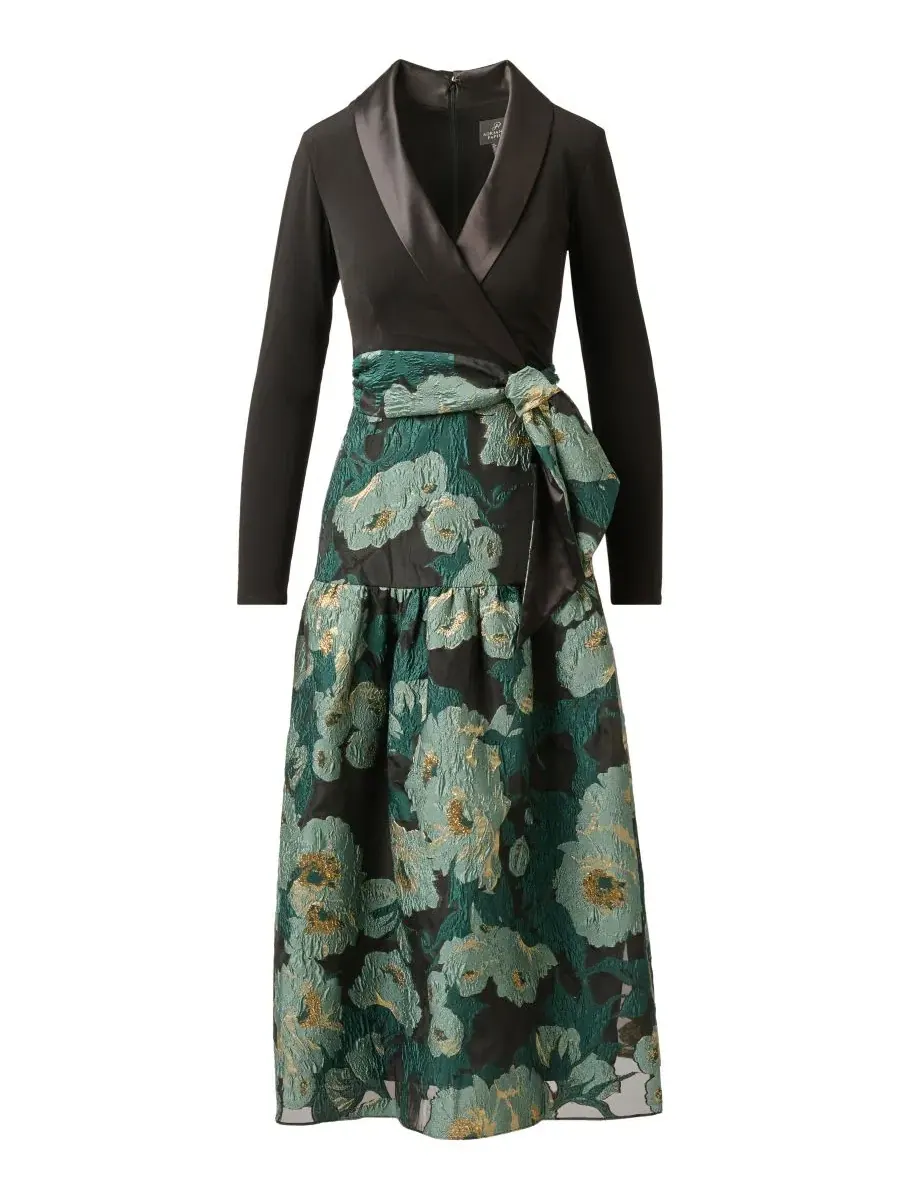 Платье из жаккарда с V-образным вырезом, с металлическим эффектом, Combo Floral Jacquard Dress — изображение 7 из 7, черный