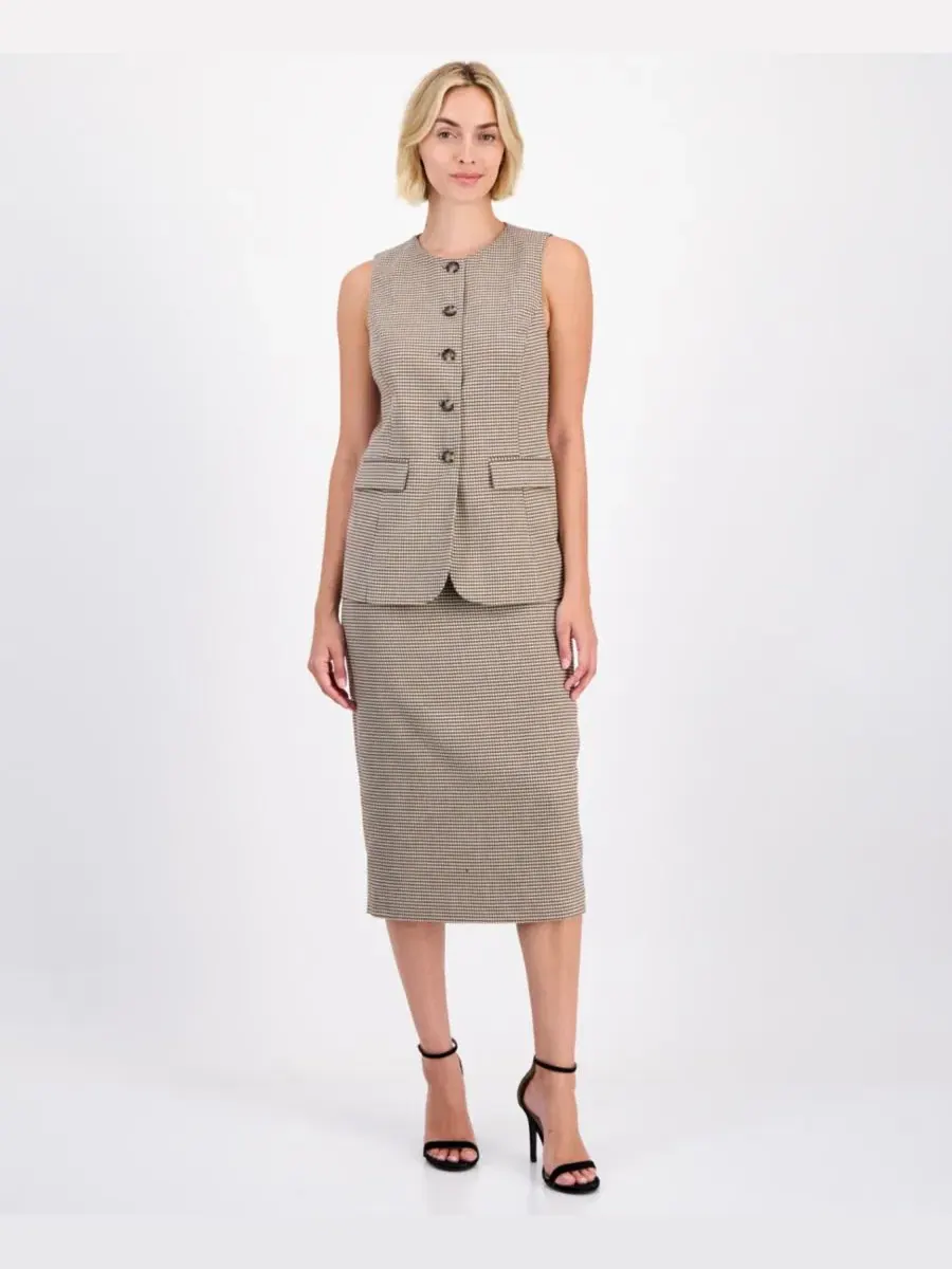 Жилет без рукавов с воротником-стойкой, модель Five-Button Crewneck Anne Klein — изображение 2 из 4, натуральный мульти