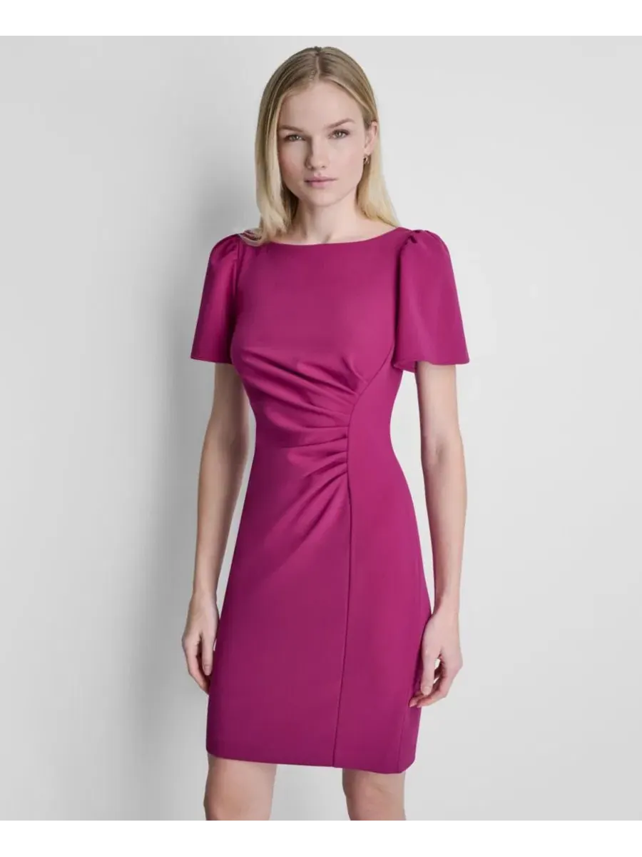 Платье с коротким рукавом-фонарик, утягивающим лифом, модель Boat Neck Ruched DKNY — изображение 3 из 5, черничный