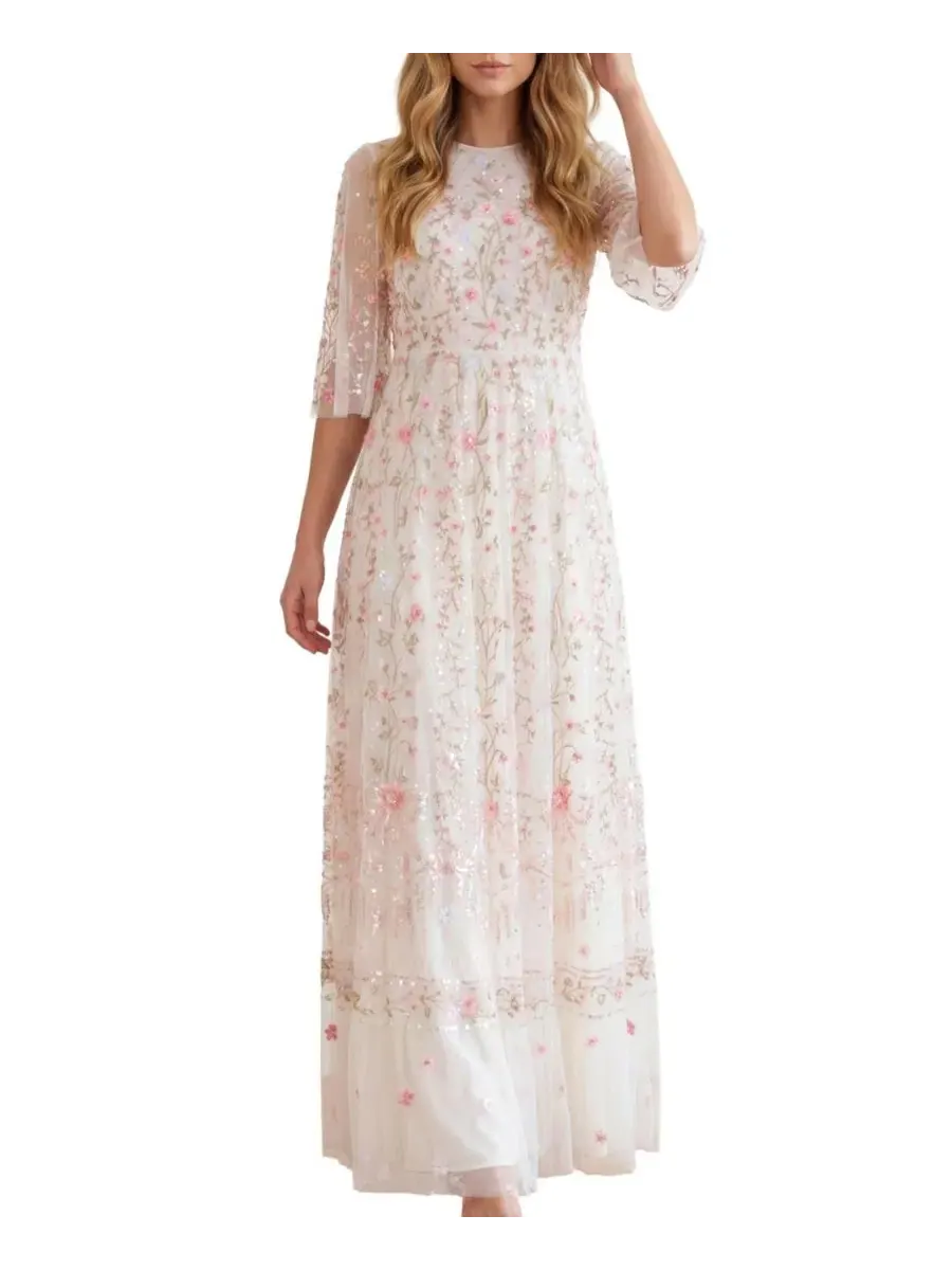 Платье-макси Rococo Ribbon Floral-Embroidered Sheer Gown Needle & Thread — изображение 1 из 4, мел