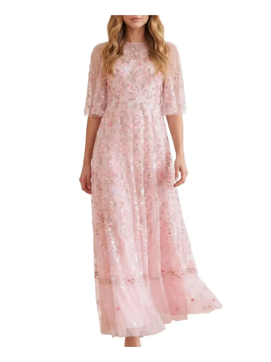 Платье-макси Rococo Ribbon Floral-Embroidered Sheer Gown Needle & Thread — изображение 1 из 4, розовый